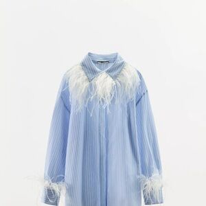 Zara Light Blue Striped Top with White Feather Details